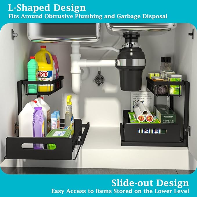 REALINN Under Sink Organizer, 2-Pack Pull-Out Cabinet Storage Shelves For Kitchen & Bathroom