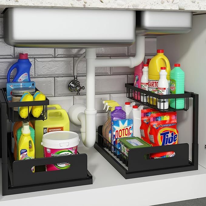 REALINN Under Sink Organizer, 2-Pack Pull-Out Cabinet Storage Shelves For Kitchen & Bathroom