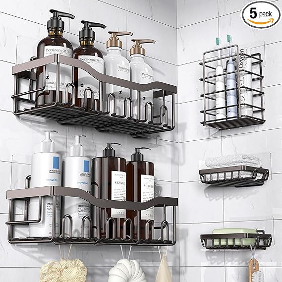 Adhesive Shower Caddy, 5-Pack Stainless Steel, No-Drill, Rustproof Bath Organizers For Bathroom Storage